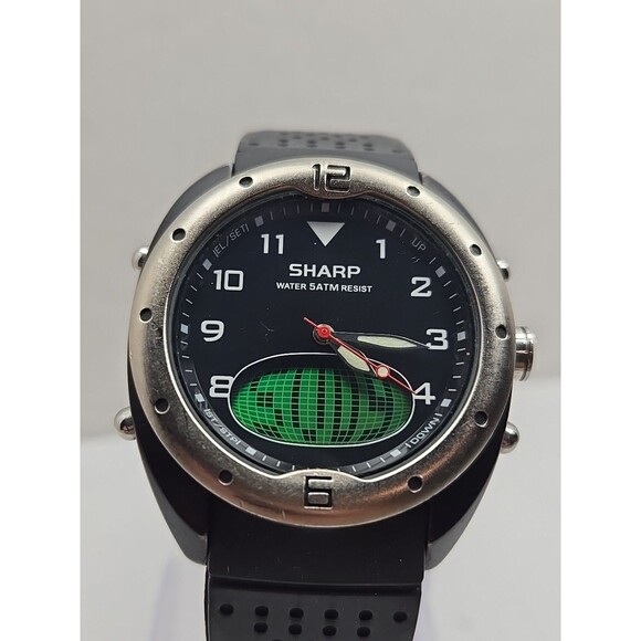 Sharp Analog Digital Quartz Sport Watch 5 ATM Black Rubber Band New Battery Mens - Picture 4 of 12